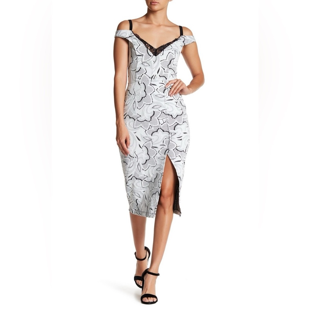 ABS by Allen Schwartz White Floral Lace Midi Dress with Front Slit